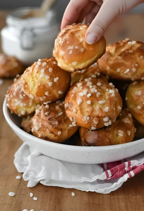 Une main tendue vers une assiette de chouquettes maison faciles, prêtes à être dégustées