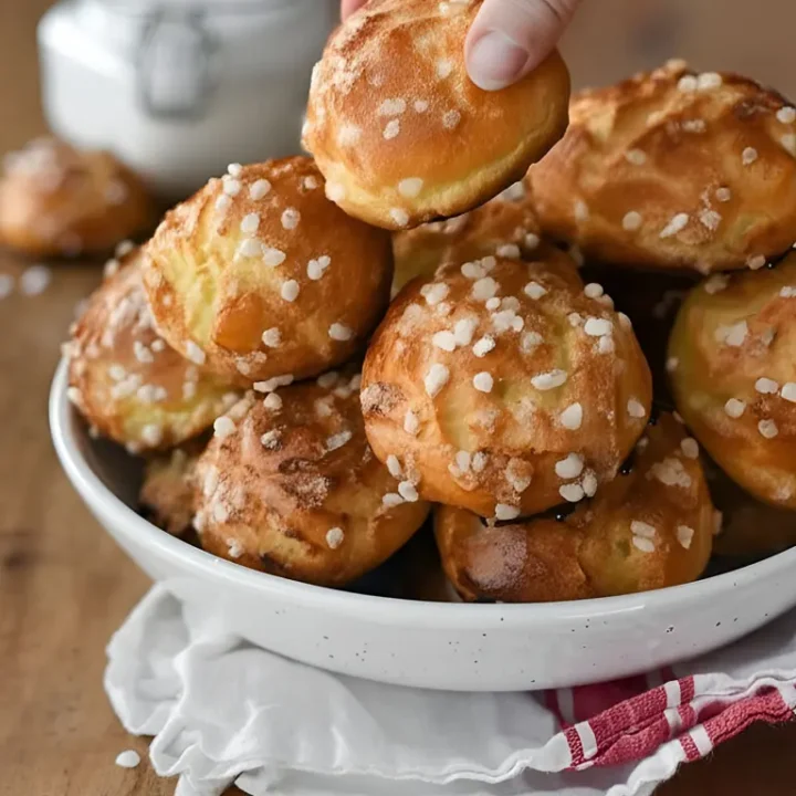 Une main tendue vers une assiette de chouquettes maison faciles, prêtes à être dégustées