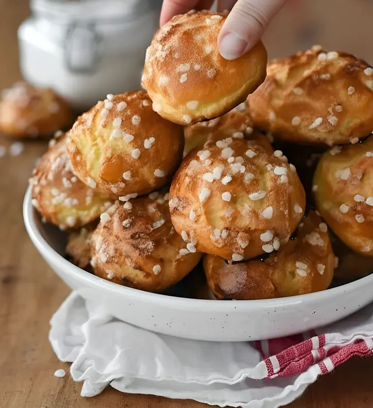 Une main tendue vers une assiette de chouquettes maison faciles, prêtes à être dégustées