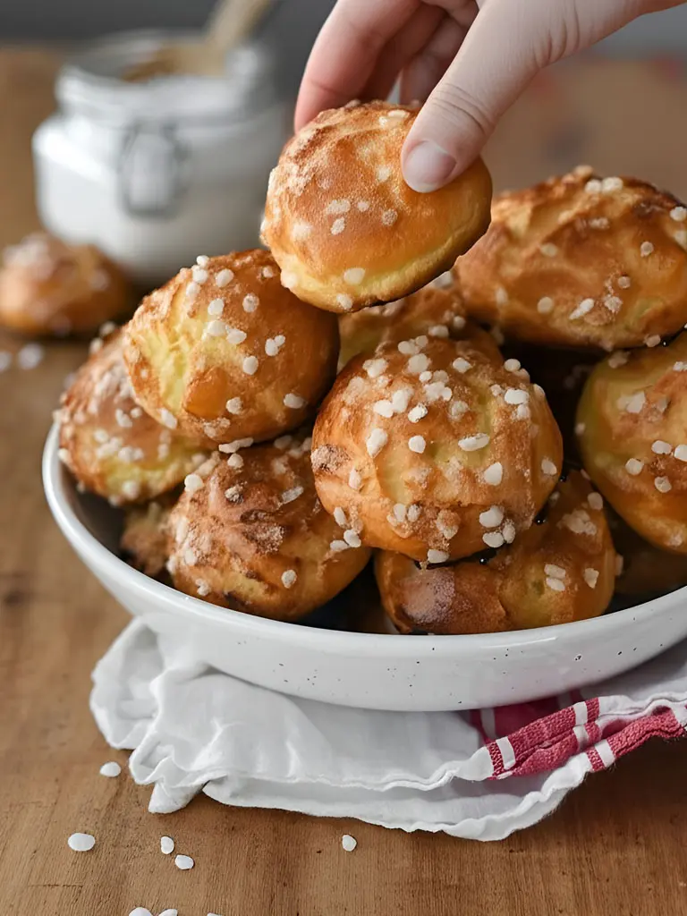 Une main tendue vers une assiette de chouquettes maison faciles, prêtes à être dégustées