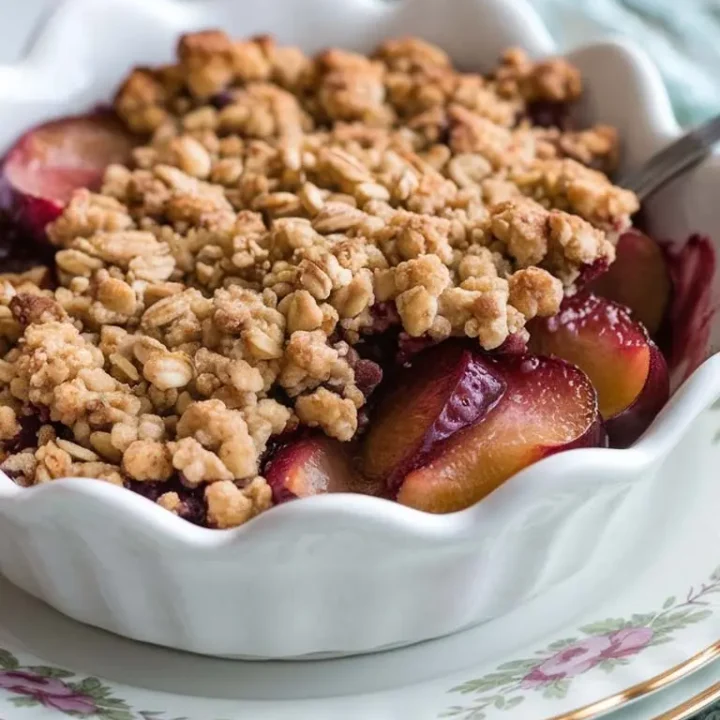 Crumble aux prunes et pommes dans un bol blanc, avec une texture croustillante et dorée sur le dessus