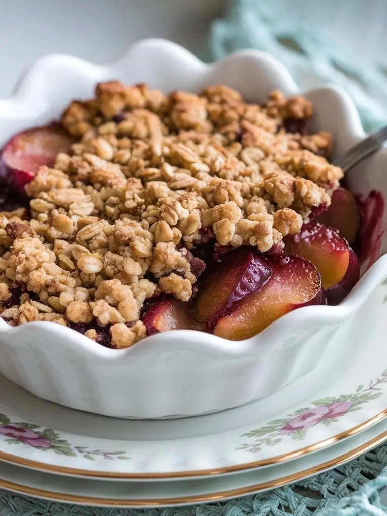 Crumble aux prunes et pommes dans un bol blanc, avec une texture croustillante et dorée sur le dessus