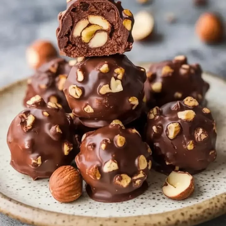 Assiette de noix enrobées de chocolat, avec une bouchée prise, représentant une recette facile de Ferrero Rocher