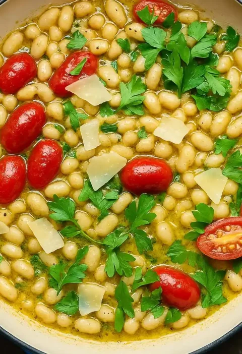 Une poêle contenant des haricots blancs crémeux, des tomates et des herbes, prête à être servie