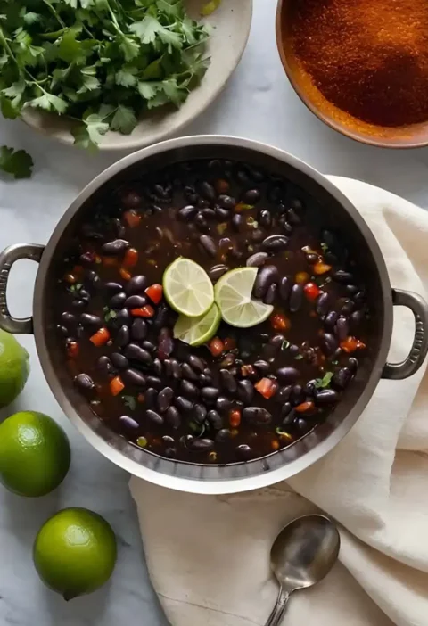 Un bol de soupe aux haricots noirs garni de quartiers de citron vert frais et de coriandre, présentant une couleur riche et sombre et des garnitures vibrantes