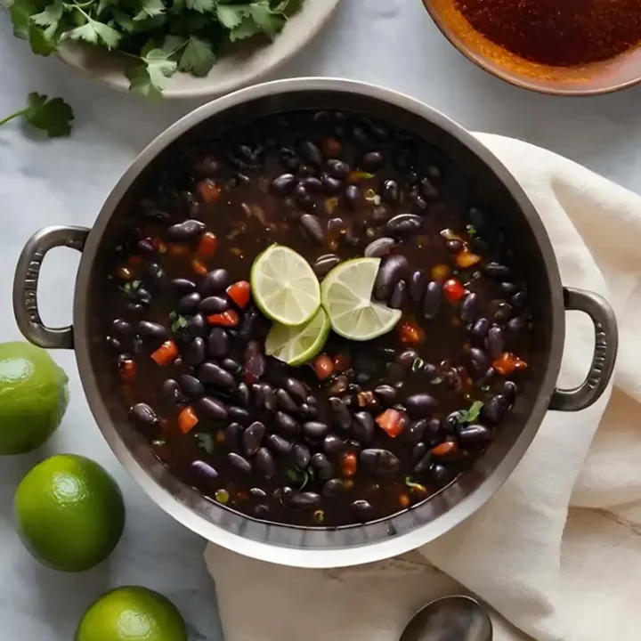 Un bol de soupe aux haricots noirs garni de quartiers de citron vert frais et de coriandre, présentant une couleur riche et sombre et des garnitures vibrantes