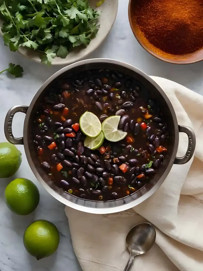 Un bol de soupe aux haricots noirs garni de quartiers de citron vert frais et de coriandre, présentant une couleur riche et sombre et des garnitures vibrantes