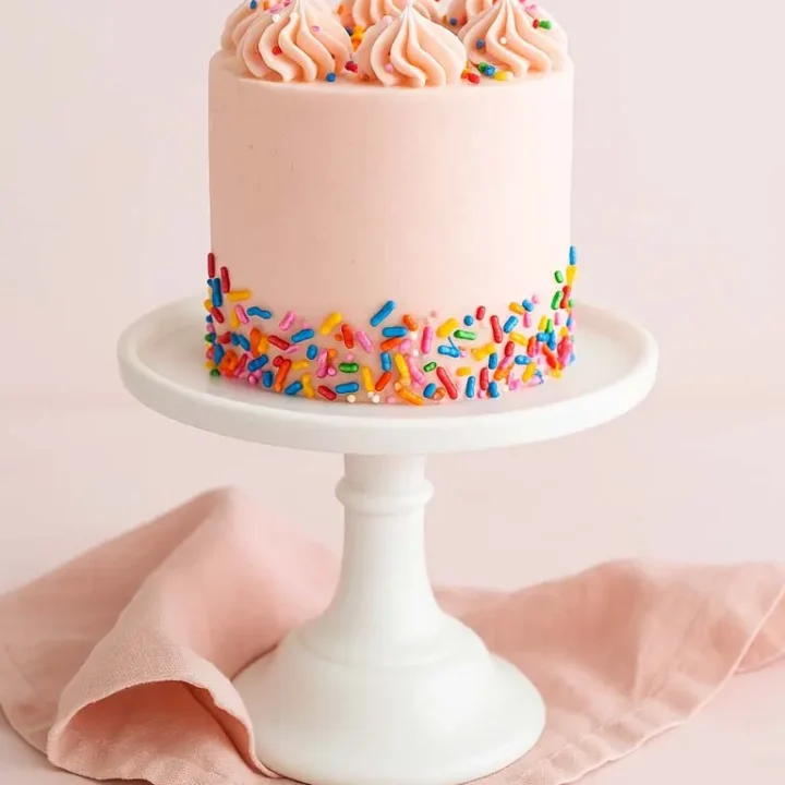 Gâteau moelleux à la vanille rose, décoré de vermicelles colorés sur le dessus