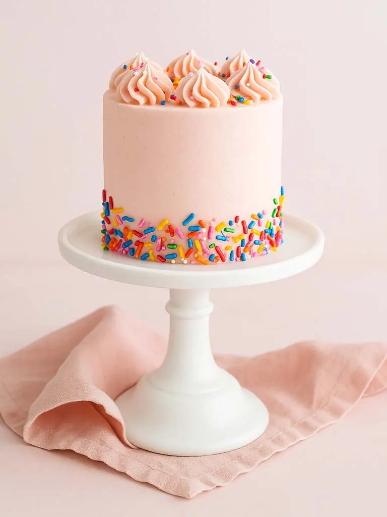 Gâteau moelleux à la vanille rose, décoré de vermicelles colorés sur le dessus