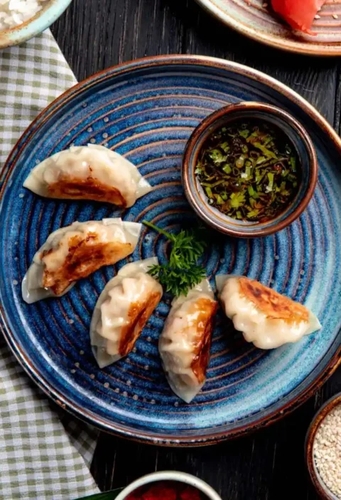 Une assiette de gyoza japonais garnis de sauce, mettant en valeur une recette authentique