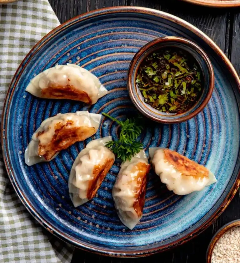 Une assiette de gyoza japonais garnis de sauce, mettant en valeur une recette authentique