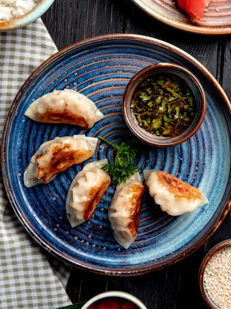 Une assiette de gyoza japonais garnis de sauce, mettant en valeur une recette authentique