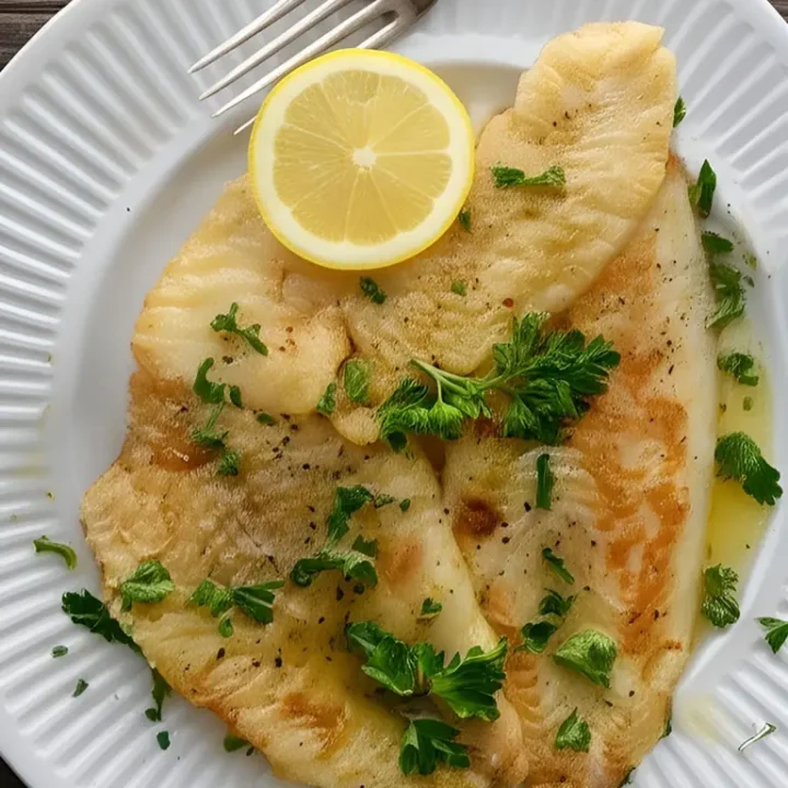 Filet de poisson avec citron et persil sur une assiette blanche, représentant la recette de sole meunière