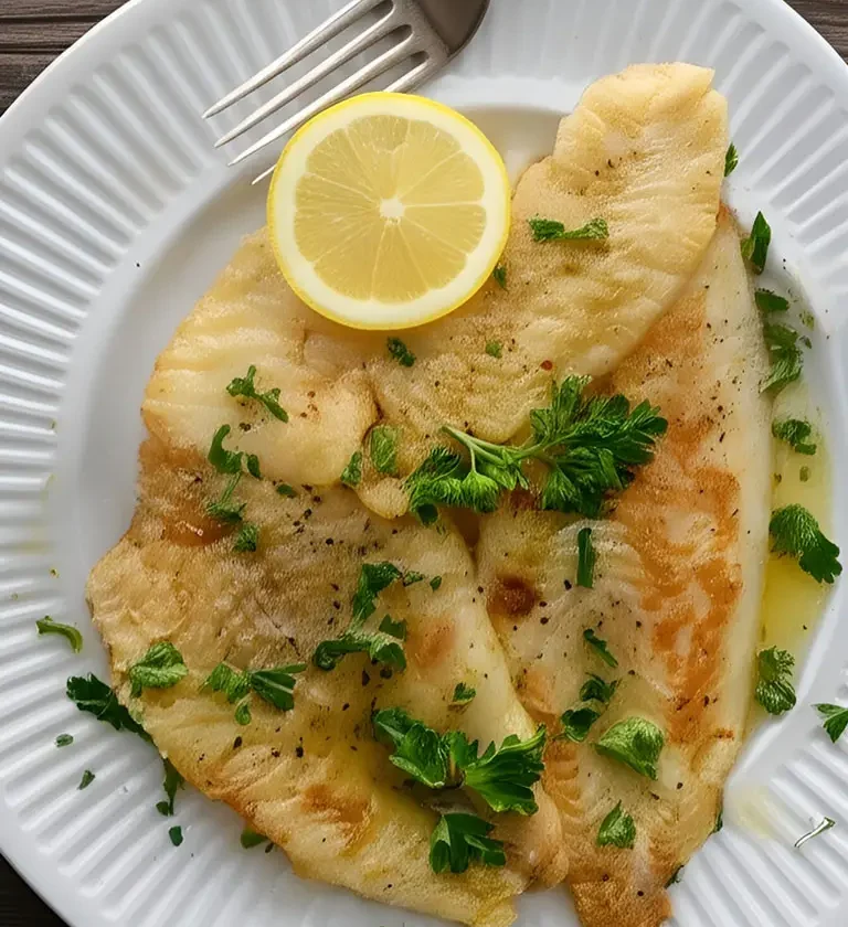 Filet de poisson avec citron et persil sur une assiette blanche, représentant la recette de sole meunière