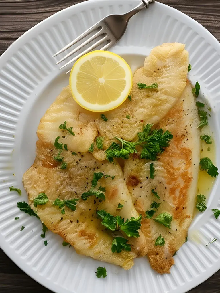 Filet de poisson avec citron et persil sur une assiette blanche, représentant la recette de sole meunière