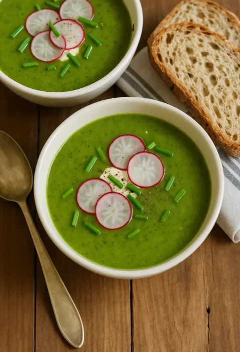 Deux bols de soupe verte aux fanes de radis, garnis de radis et accompagnés de pain croustillant