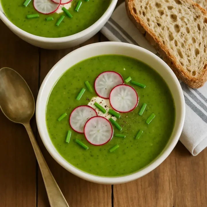 Deux bols de soupe verte aux fanes de radis, garnis de radis et accompagnés de pain croustillant
