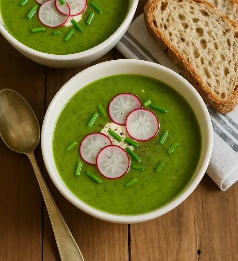Deux bols de soupe verte aux fanes de radis, garnis de radis et accompagnés de pain croustillant