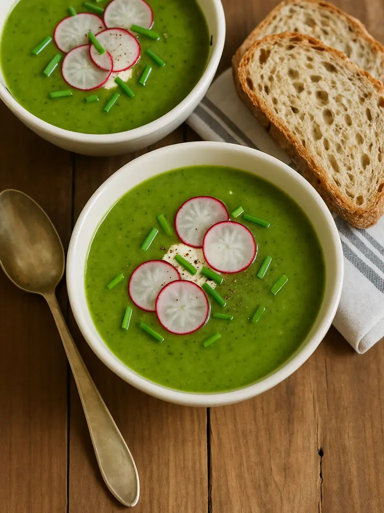 Deux bols de soupe verte aux fanes de radis, garnis de radis et accompagnés de pain croustillant