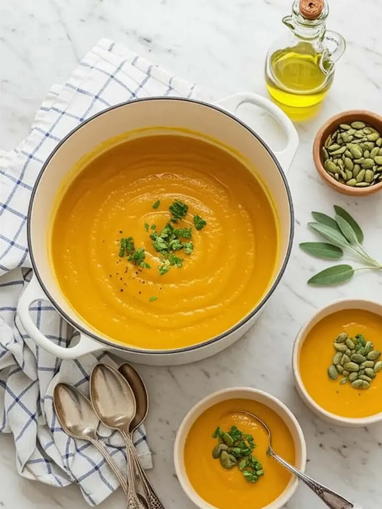 Soupe de courge butternut garnie de graines de courge et d'herbes fraîches, servie dans un bol élégant.