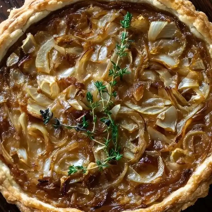 Tarte fine aux oignons doux caramélisés et gruyère, présentée sur une table en bois rustique