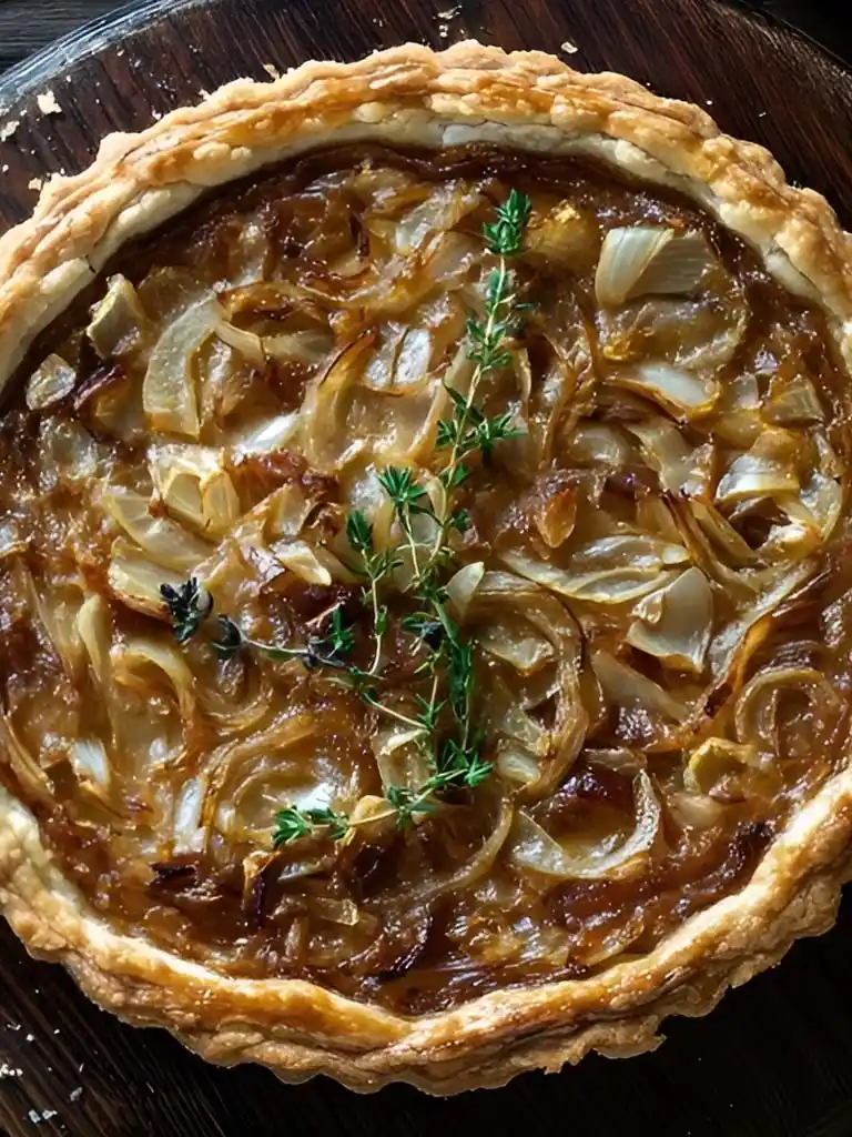Tarte fine aux oignons doux caramélisés et gruyère, présentée sur une table en bois rustique