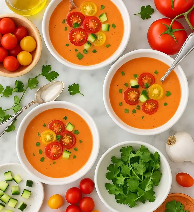 Bol de soupe de tomates avec concombre, tomates et herbes, illustrant une recette de gaspacho