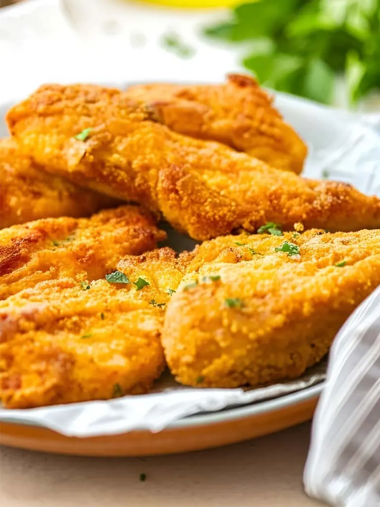 Escalopes de poulet frites au four, servies sur une assiette garnie d'herbes fraîches