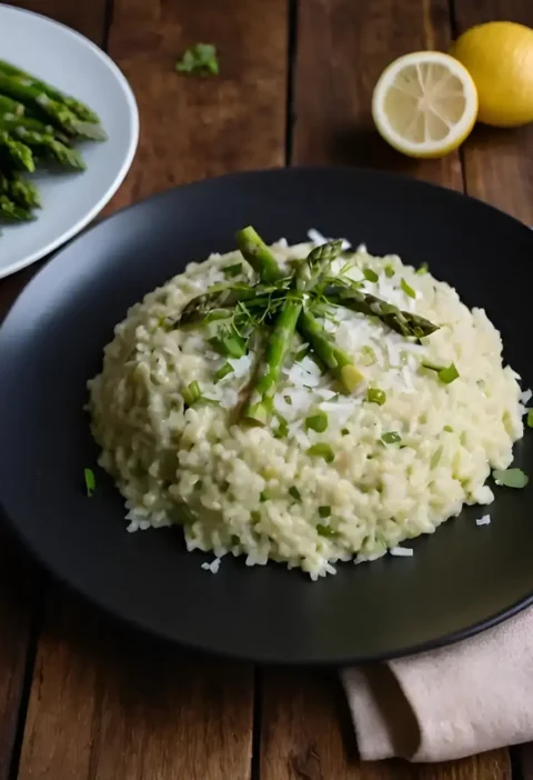 A creamy risotto dish featuring fresh asparagus and a hint of lemon zest, garnished for an elegant presentation.