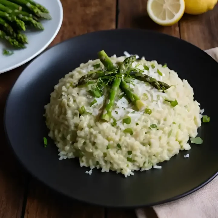 A creamy risotto dish featuring fresh asparagus and a hint of lemon zest, garnished for an elegant presentation.