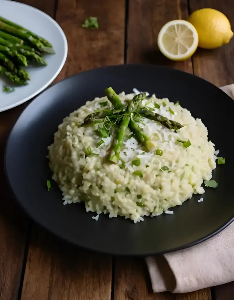 Un plat de risotto crémeux composé d'asperges fraîches et d'un soupçon de zeste de citron, garni pour une présentation élégante.